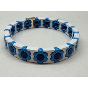 Womens Blue White Floral Stretch Bracelet Retro Mod Flower Power Enamel Bangle
